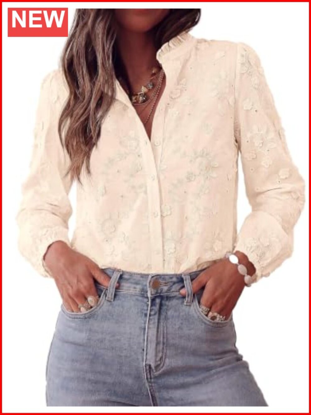 Floral Embroidered Button Down Shirt Ruffle Collar Lantern Sleeve